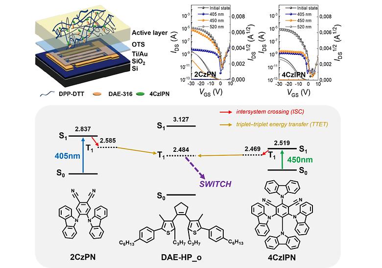 Visible-Light Photoprogrammable Transistors Enabled by an All-Organic Triplet-Sensitized Diarylethene Channel Layer